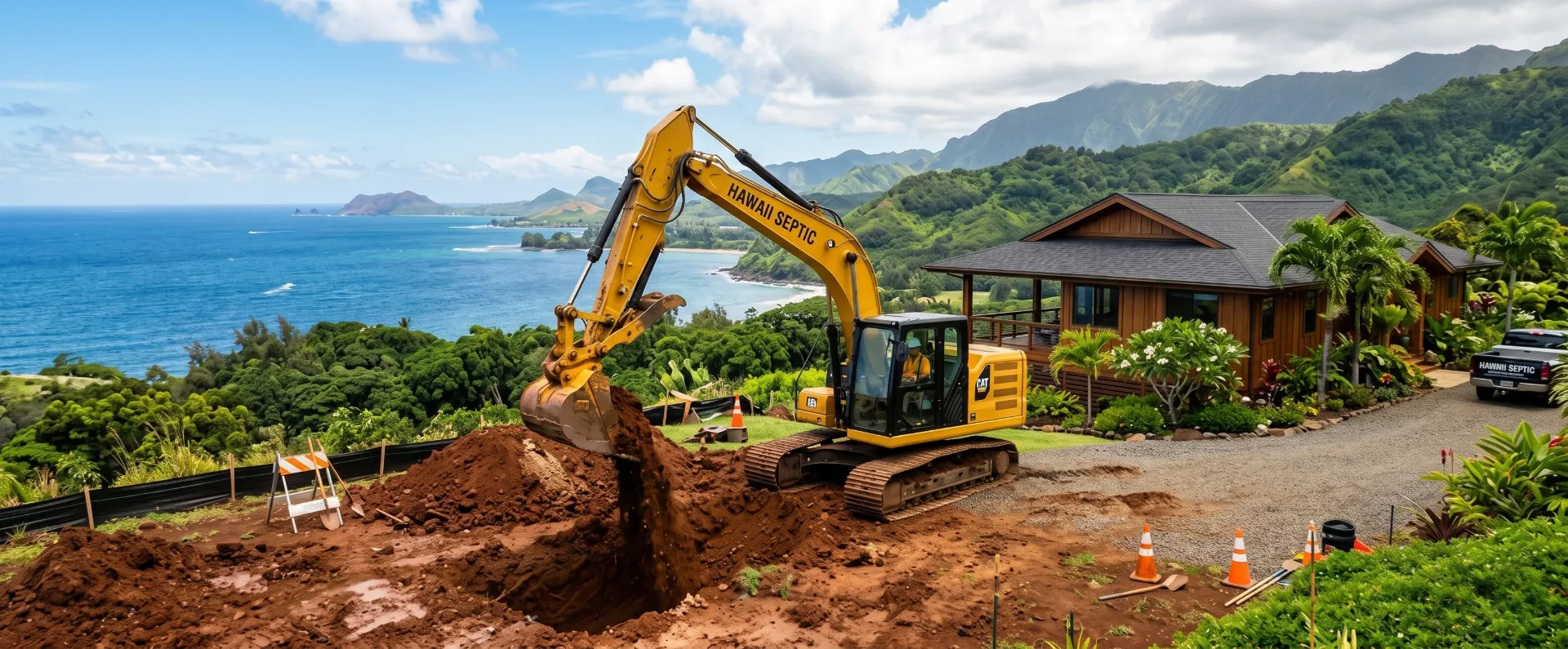Excavator installing a septic system on a Hawaii lava rock lot